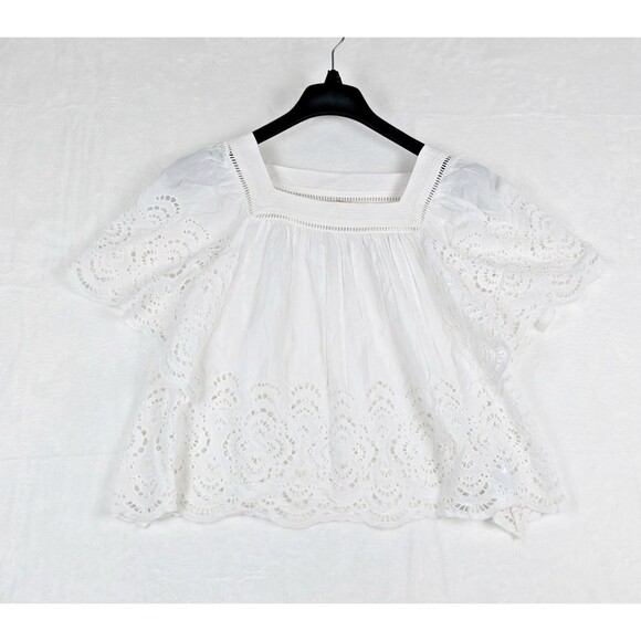 Madewell NWT Eyelet Flutter Sleeve Cotton Blend Women Top Size Small Square Neck - Picture 1 of 16